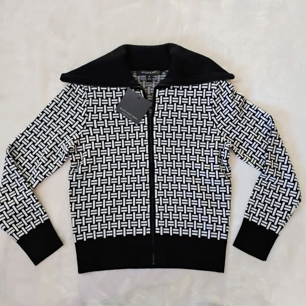 Marc New York XS Basketweave Knit Full Zip Sweater Ivory Black Mock Neck NWT $69